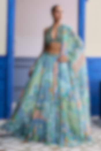 Aqua Blue Georgette Printed Wedding Lehenga Set by Diyarajvvir at Pernia's Pop Up Shop