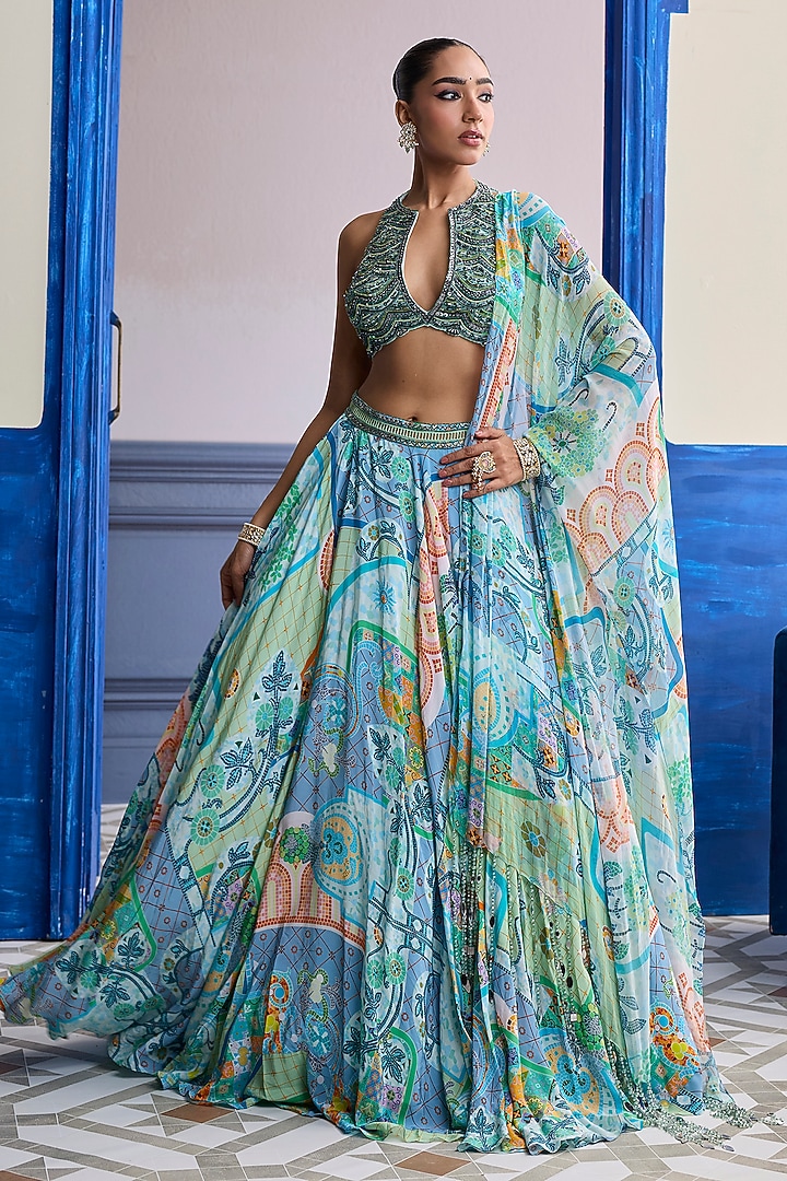 Aqua Blue Georgette Printed Wedding Lehenga Set by Diyarajvvir at Pernia's Pop Up Shop