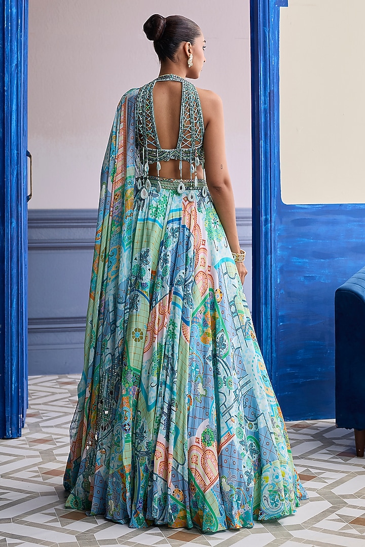 Aqua Blue Georgette Printed Wedding Lehenga Set by Diyarajvvir at Pernia's Pop Up Shop