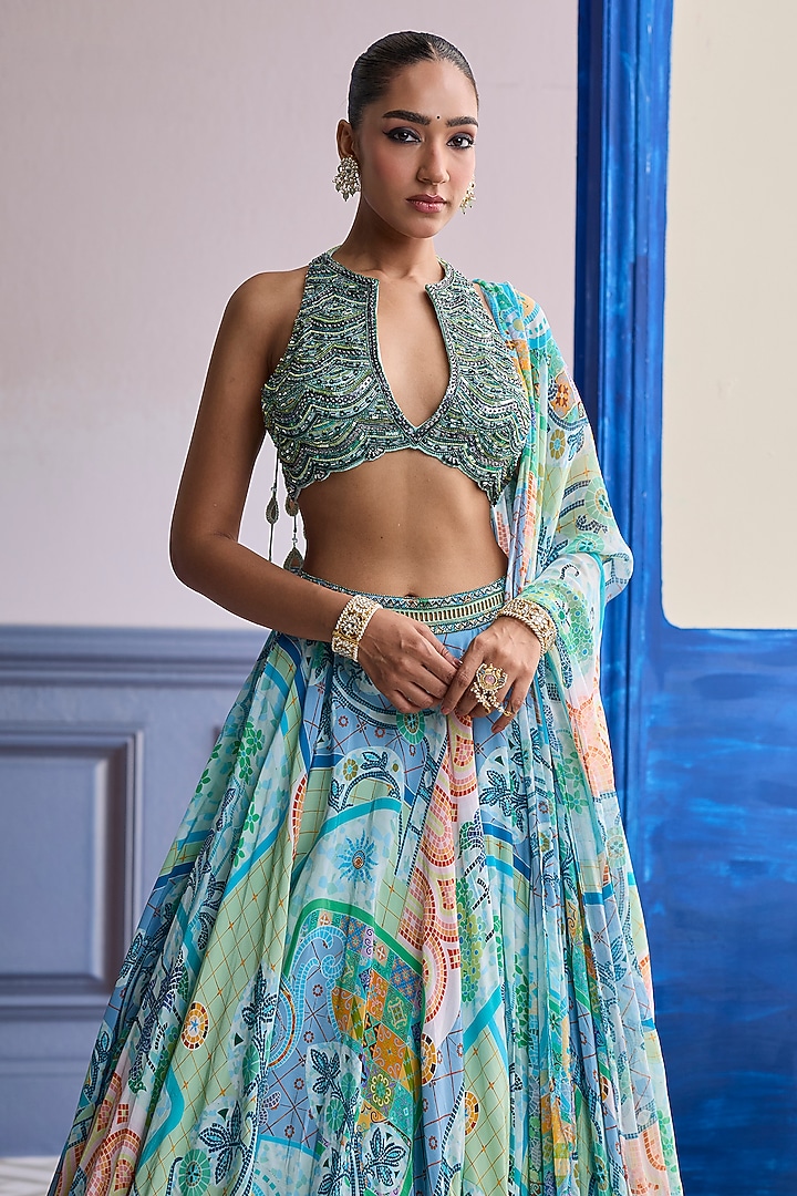 Aqua Blue Georgette Printed Wedding Lehenga Set by Diyarajvvir at Pernia's Pop Up Shop