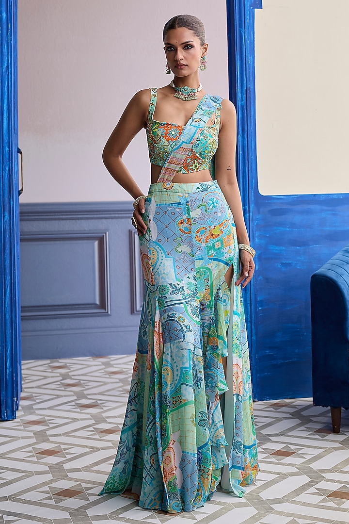 Aqua Blue Crepe Mosaic Printed Slit Skirt Wedding Saree Set by DiyaRajvvir at Pernia's Pop Up Shop