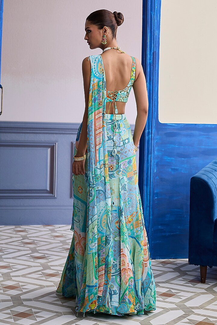 Aqua Blue Crepe Mosaic Printed Slit Skirt Wedding Saree Set by DiyaRajvvir at Pernia's Pop Up Shop