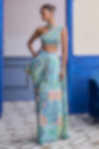 Aqua Blue Crepe Mosaic Printed Dhoti Skirt Wedding Saree Set by Diyarajvvir at Pernia's Pop Up Shop