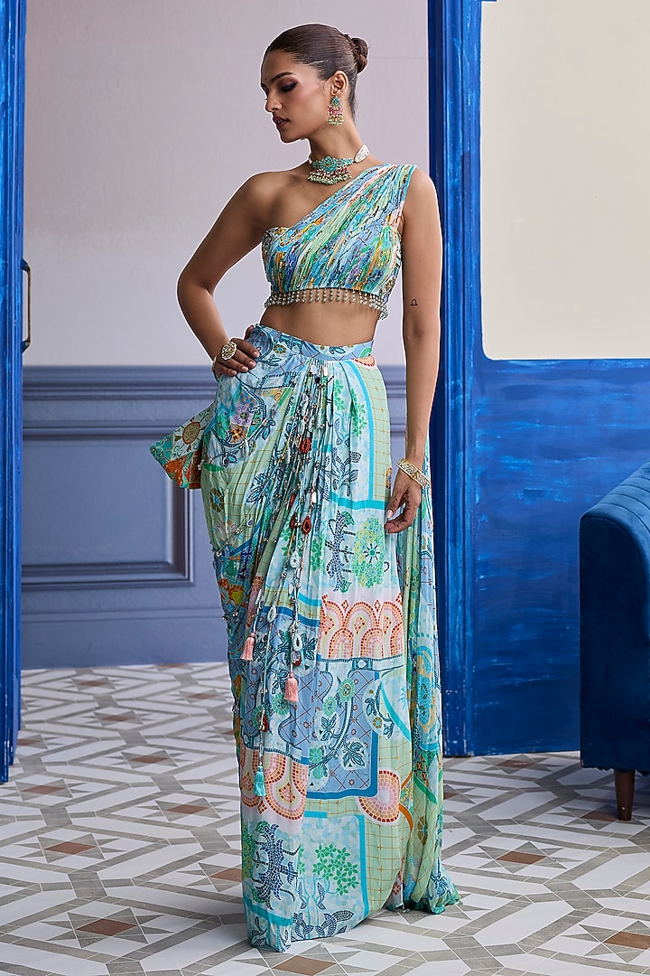 Aqua Blue Crepe Mosaic Printed Dhoti Skirt Wedding Saree Set by Diyarajvvir at Pernia's Pop Up Shop