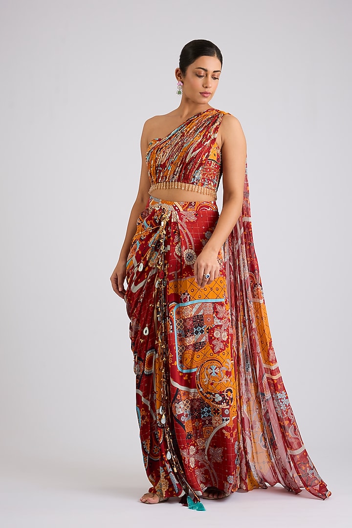 Red Crepe & Georgette Mosaic Printed Dhoti Skirt Set by DiyaRajvvir at Pernia's Pop Up Shop