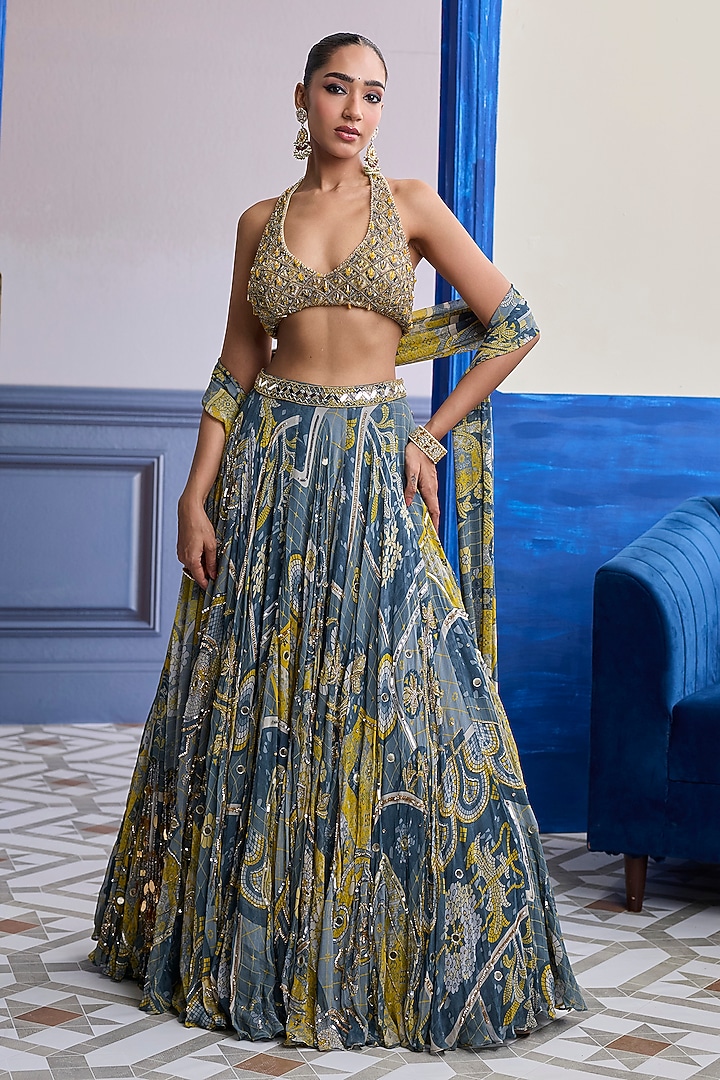 Grey Net Printed Wedding Lehenga Set by DiyaRajvvir at Pernia's Pop Up Shop
