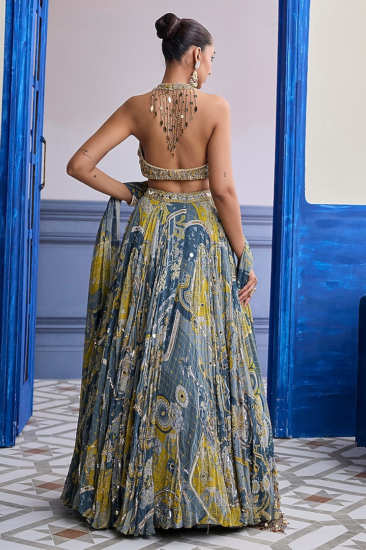 Grey Net Printed Wedding Lehenga Set by DiyaRajvvir at Pernia's Pop Up Shop
