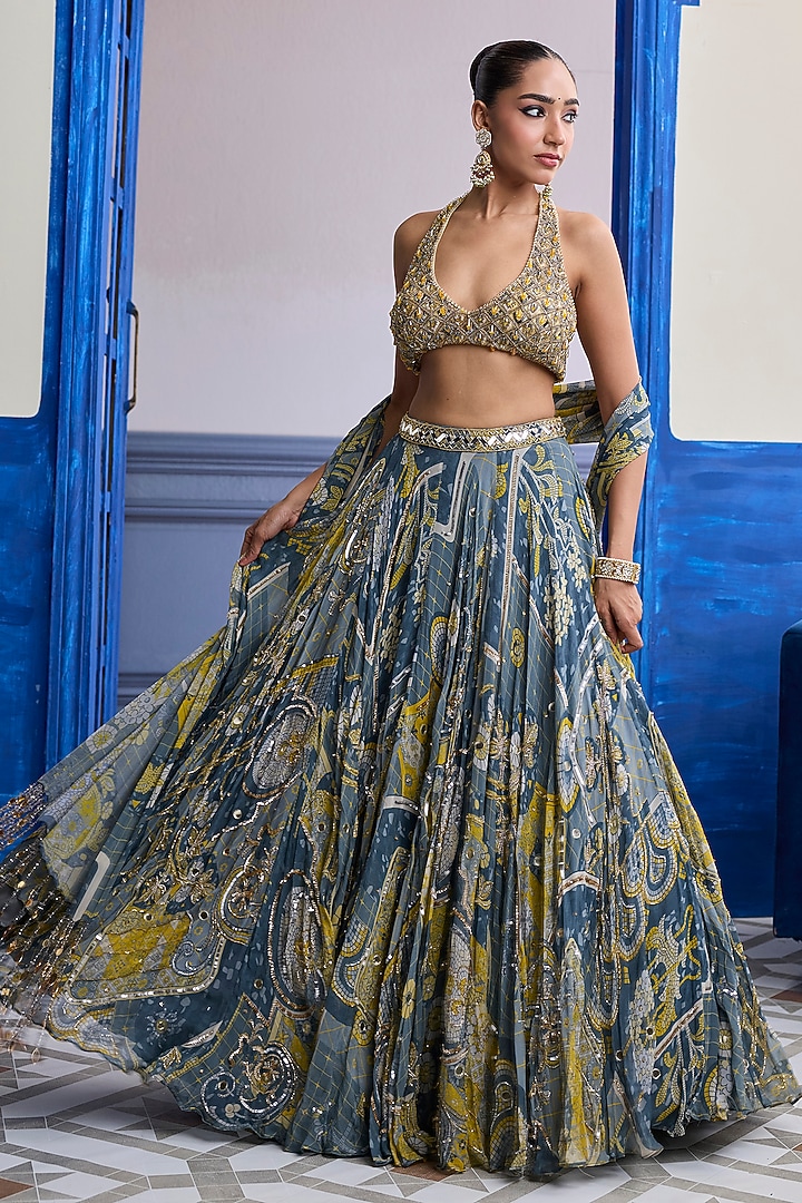 Grey Net Printed Wedding Lehenga Set by DiyaRajvvir at Pernia's Pop Up Shop