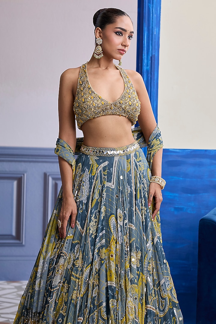 Grey Net Printed Wedding Lehenga Set by DiyaRajvvir at Pernia's Pop Up Shop