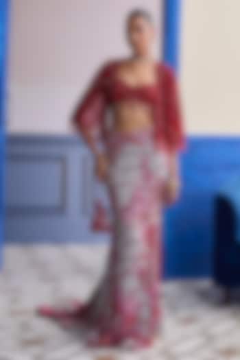 Red Crepe Floral Printed Mermaid Skirt Set by DiyaRajvvir at Pernia's Pop Up Shop