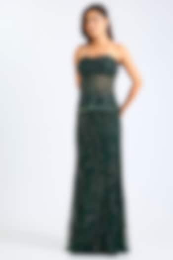 Green Tulle Floral Embellished Skirt Set by DiyaRajvvir at Pernia's Pop Up Shop