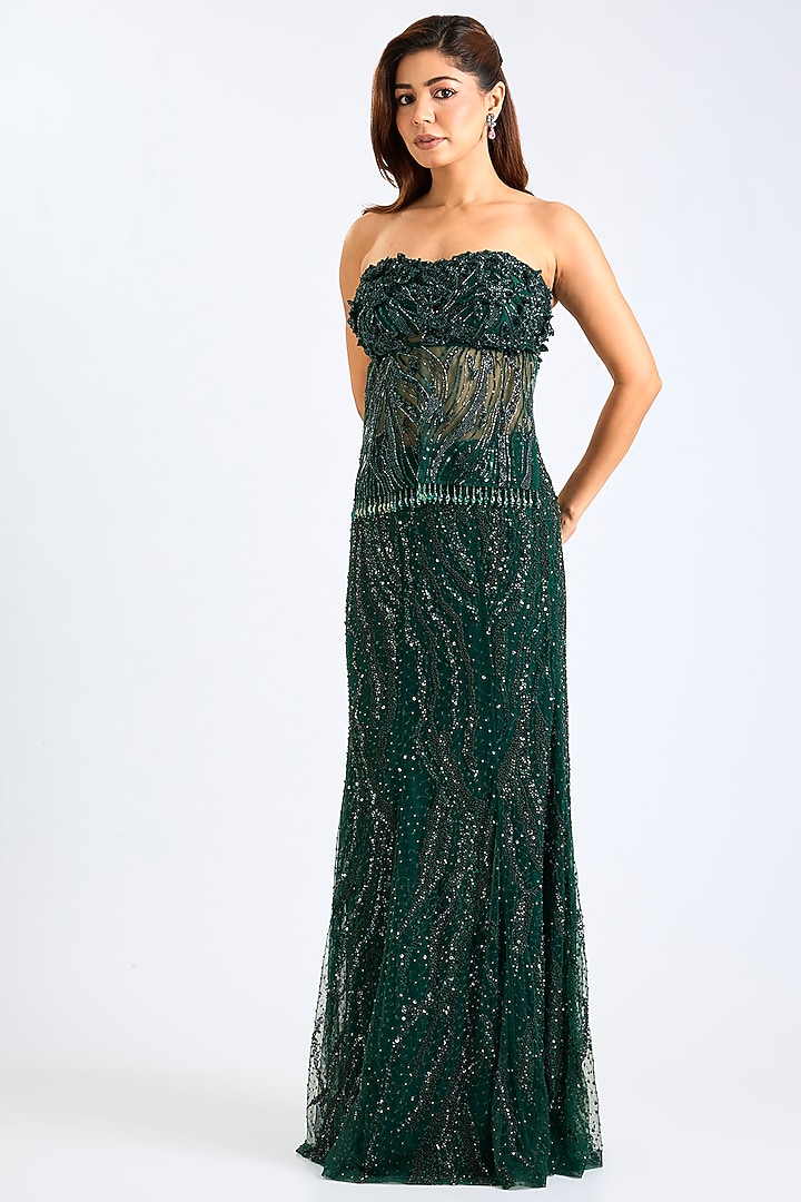 Green Tulle Floral Embellished Skirt Set by DiyaRajvvir at Pernia's Pop Up Shop