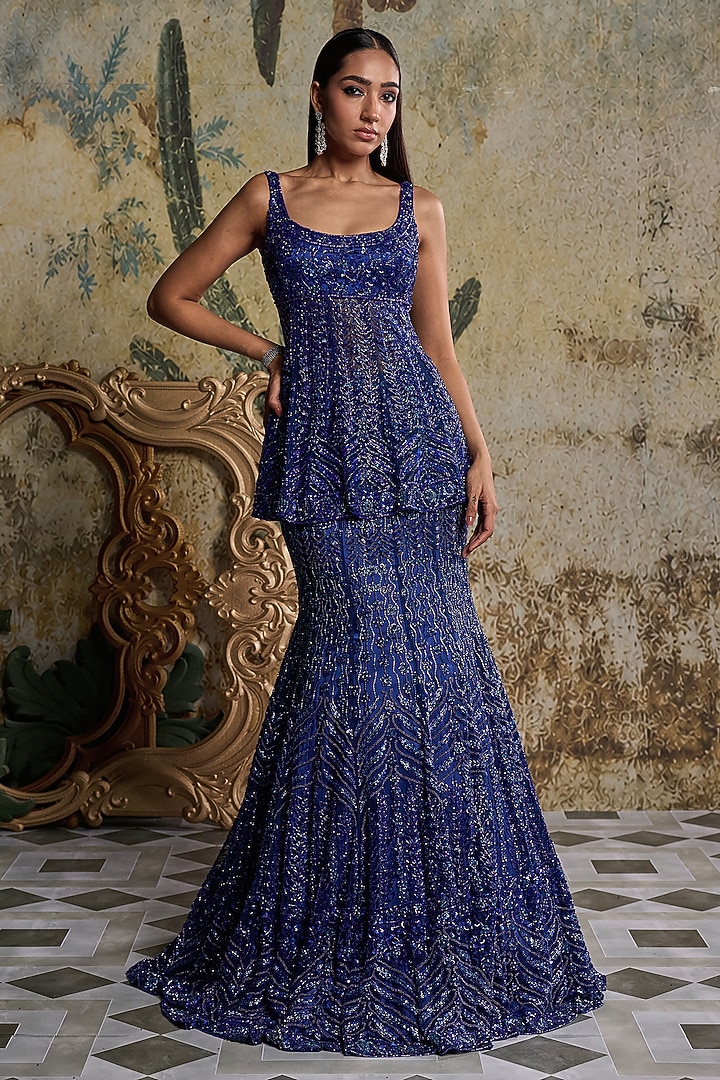 Teal Blue Tulle Embroidered Mermaid Maxi Skirt Set by DiyaRajvvir at Pernia's Pop Up Shop