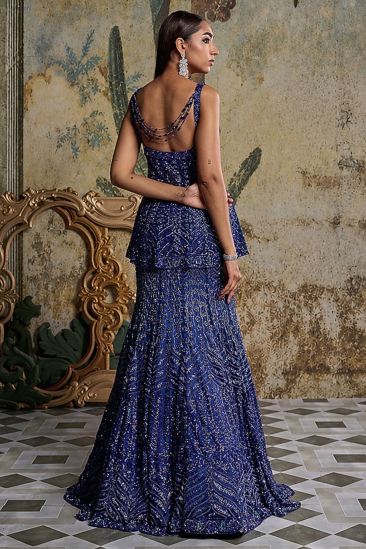 Teal Blue Tulle Embroidered Mermaid Maxi Skirt Set by DiyaRajvvir at Pernia's Pop Up Shop