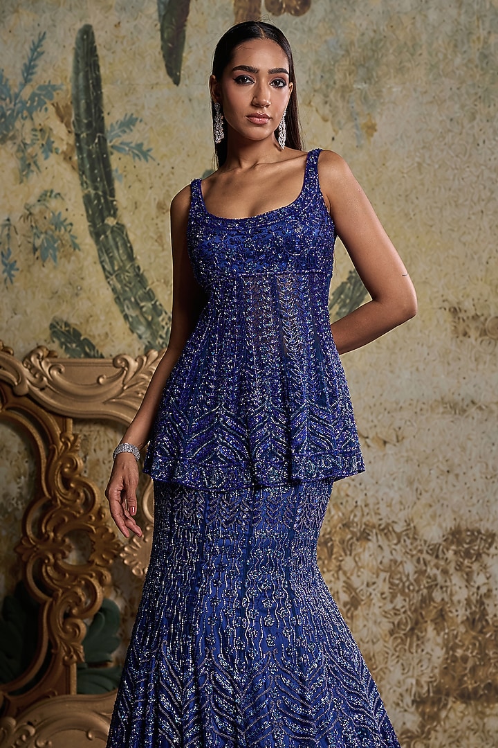 Teal Blue Tulle Embroidered Mermaid Maxi Skirt Set by DiyaRajvvir at Pernia's Pop Up Shop