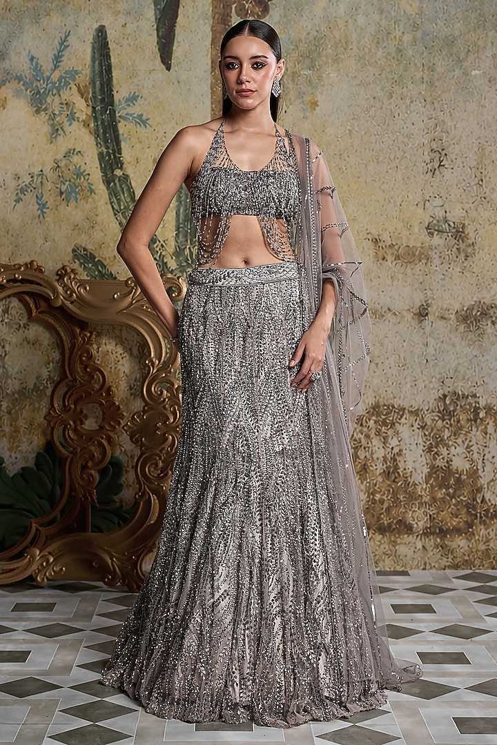 Grey Gunmetal Tulle Embellished Mermaid Skirt Set by DiyaRajvvir at Pernia's Pop Up Shop