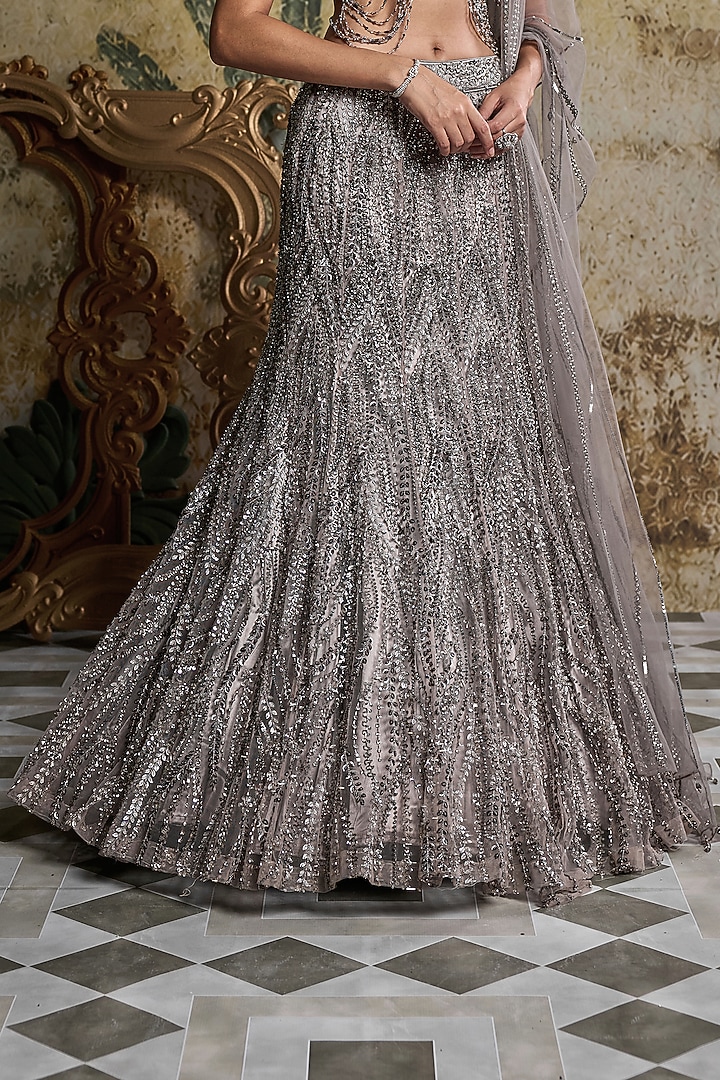 Grey Gunmetal Tulle Embellished Mermaid Skirt Set by DiyaRajvvir at Pernia's Pop Up Shop