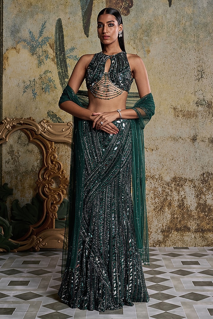 Emerald Green Tulle Embellished Mermaid Skirt Set by DiyaRajvvir at Pernia's Pop Up Shop