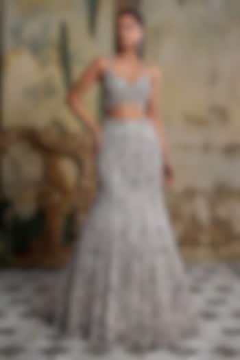 Silver Tulle Mirror Embellished Trail Mermaid Skirt Set by DiyaRajvvir at Pernia's Pop Up Shop