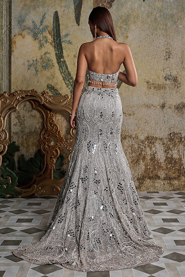 Silver Tulle Mirror Embellished Trail Mermaid Skirt Set by DiyaRajvvir at Pernia's Pop Up Shop