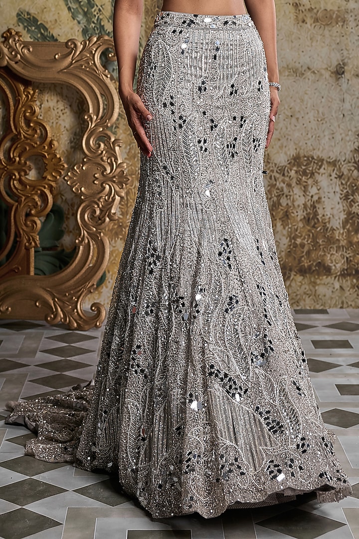 Silver Tulle Mirror Embellished Trail Mermaid Skirt Set by DiyaRajvvir at Pernia's Pop Up Shop