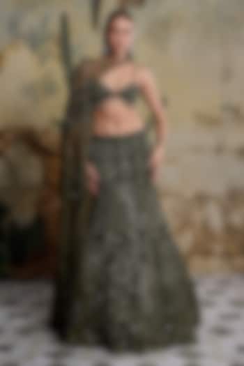 Earthy Green Tulle Embellished Cape Mermaid Skirt Set by DiyaRajvvir at Pernia's Pop Up Shop