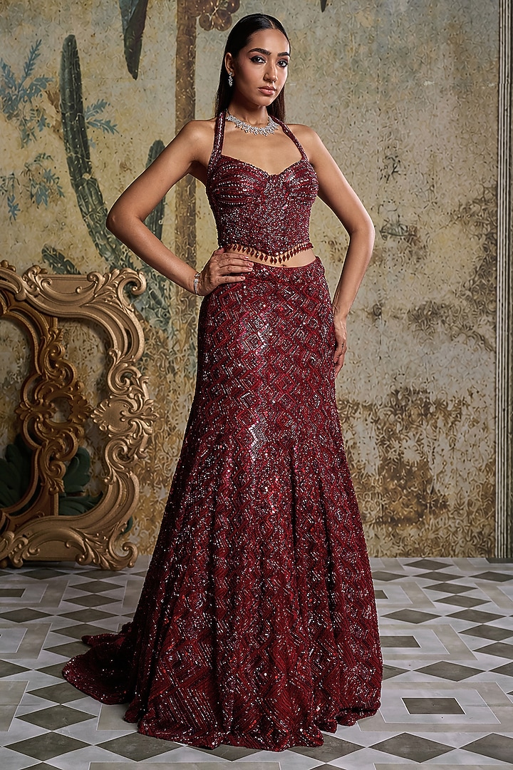 Maroon Tulle Embroidered Mermaid Skirt Set by DiyaRajvvir at Pernia's Pop Up Shop