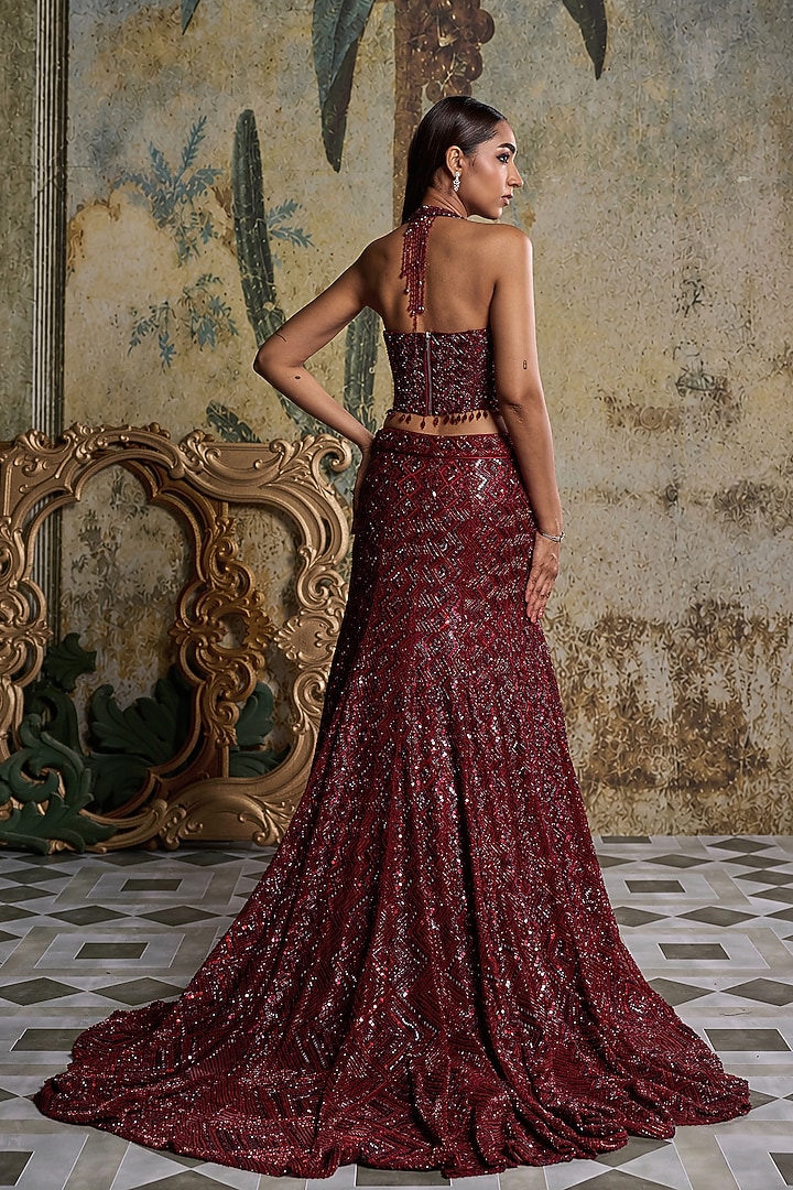 Maroon Tulle Embroidered Mermaid Skirt Set by DiyaRajvvir at Pernia's Pop Up Shop