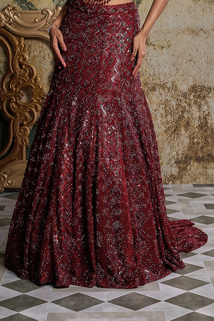 Maroon Tulle Embroidered Mermaid Skirt Set by DiyaRajvvir at Pernia's Pop Up Shop