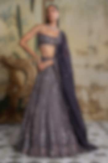 Charcoal Grey Tulle & Organza Embroidered Bridal Lehenga Set by DiyaRajvvir at Pernia's Pop Up Shop