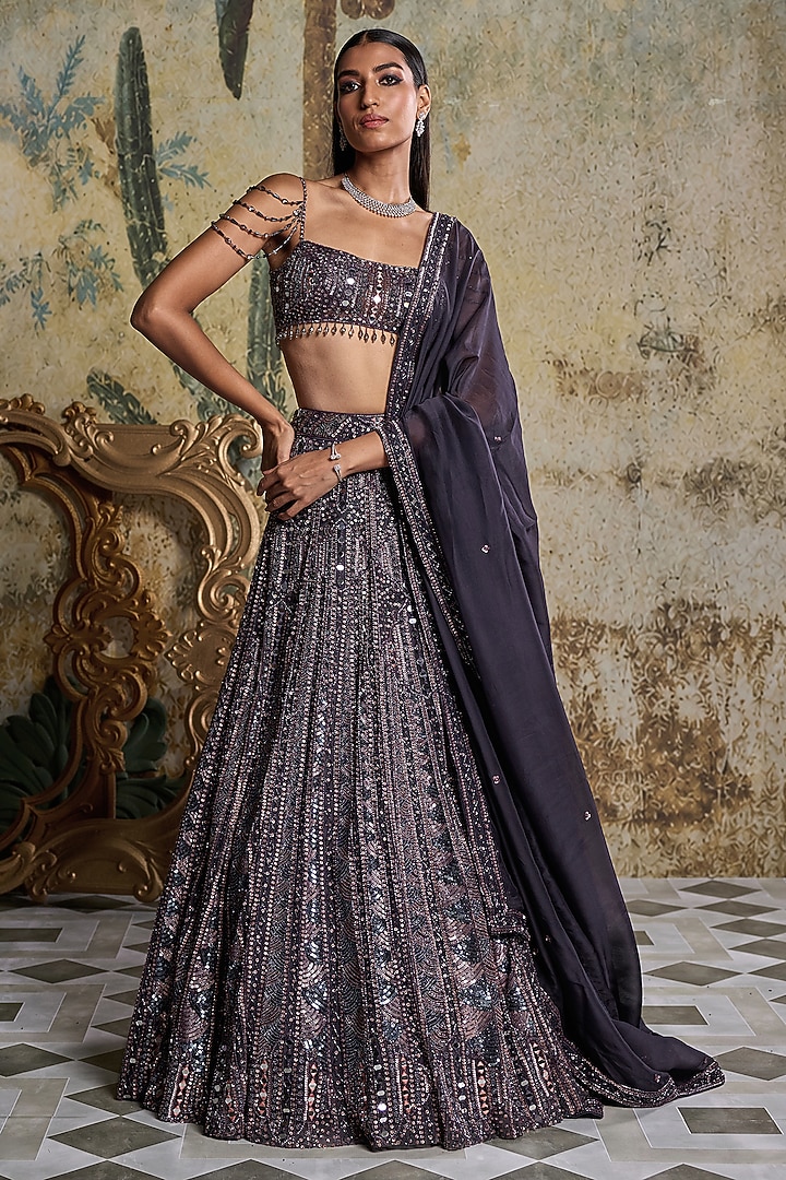 Charcoal Grey Tulle & Organza Embroidered Bridal Lehenga Set by DiyaRajvvir at Pernia's Pop Up Shop