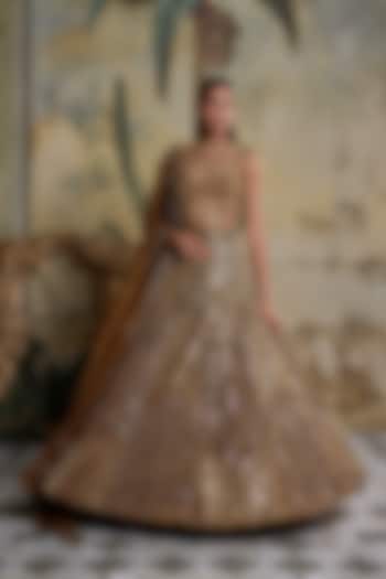 Antique Gold Tulle & Organza Embroidered Bridal Lehenga Set by DiyaRajvvir at Pernia's Pop Up Shop