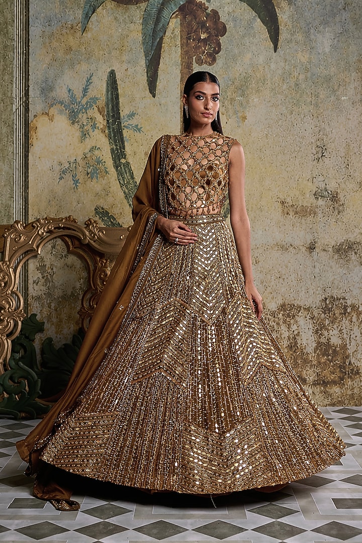 Antique Gold Tulle & Organza Embroidered Bridal Lehenga Set by DiyaRajvvir at Pernia's Pop Up Shop