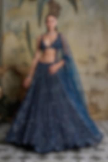 Teal Blue Tulle Embroidered Bridal Lehenga Set by DiyaRajvvir at Pernia's Pop Up Shop