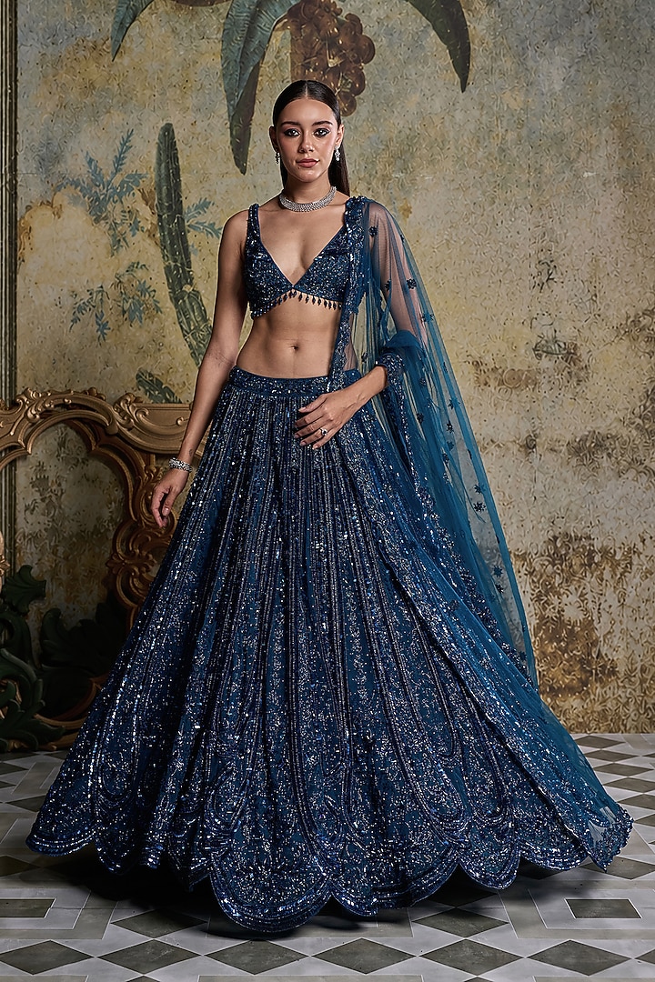 Teal Blue Tulle Embroidered Bridal Lehenga Set by DiyaRajvvir at Pernia's Pop Up Shop