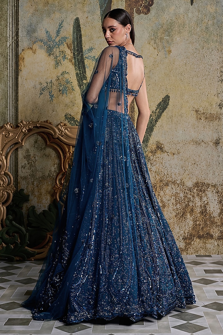 Teal Blue Tulle Embroidered Bridal Lehenga Set by DiyaRajvvir at Pernia's Pop Up Shop