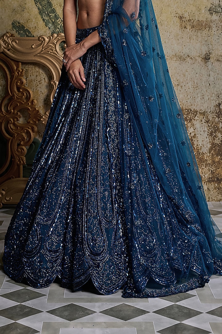 Teal Blue Tulle Embroidered Bridal Lehenga Set by DiyaRajvvir at Pernia's Pop Up Shop