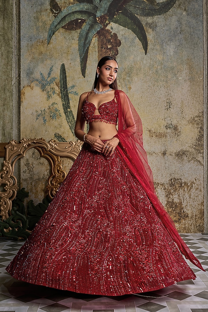 Red Tulle Embroidered Bridal Lehenga Set by DiyaRajvvir at Pernia's Pop Up Shop