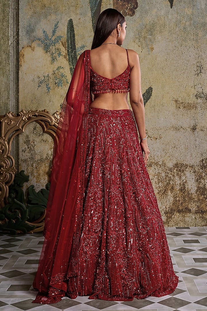 Red Tulle Embroidered Bridal Lehenga Set by DiyaRajvvir at Pernia's Pop Up Shop