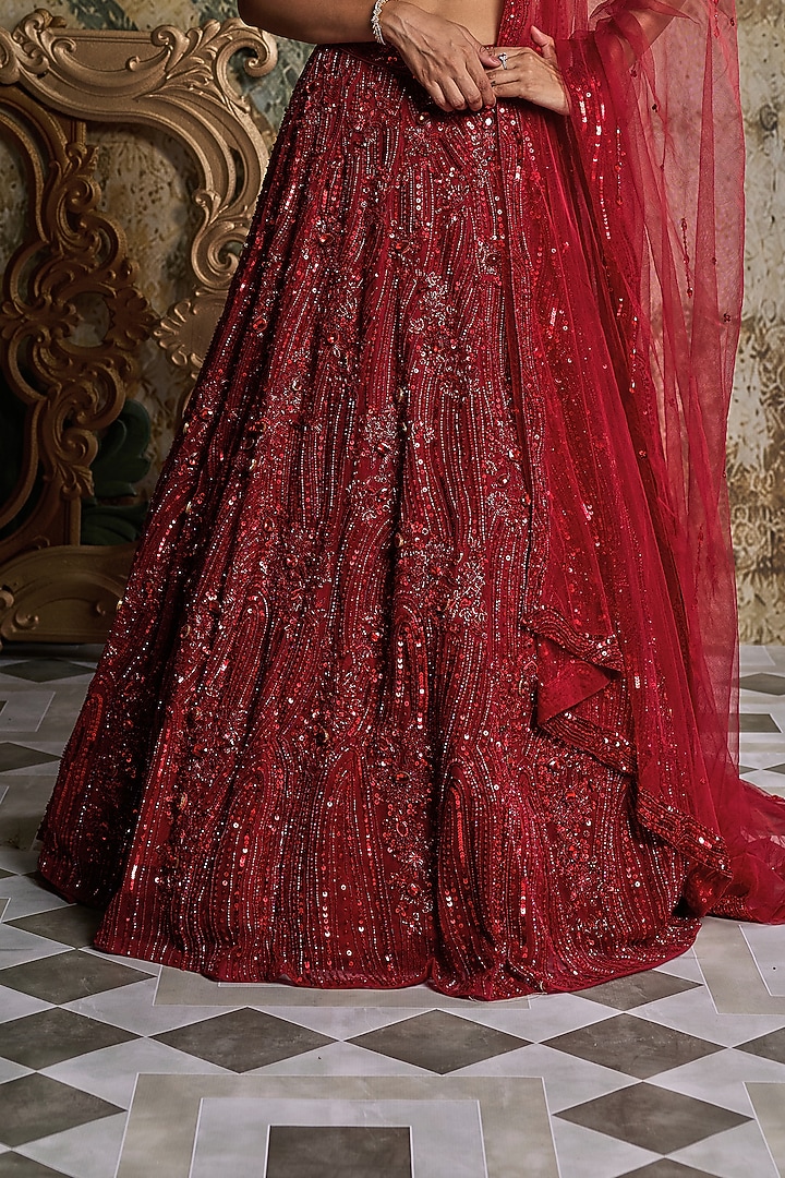 Red Tulle Embroidered Bridal Lehenga Set by DiyaRajvvir at Pernia's Pop Up Shop