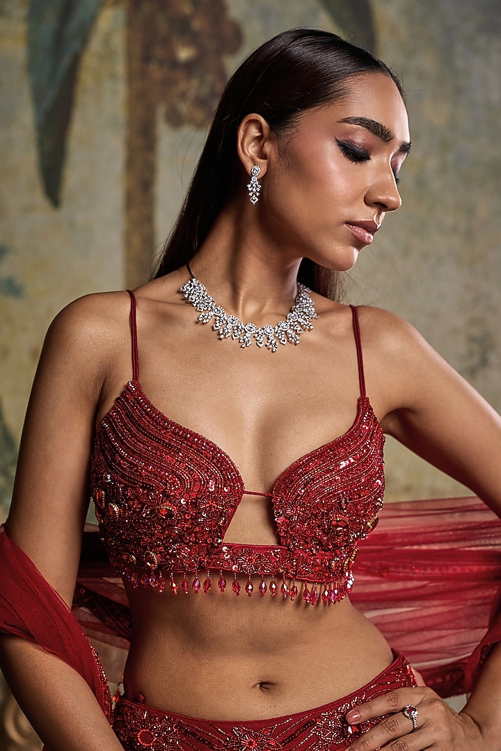 Red Tulle Embroidered Bridal Lehenga Set by DiyaRajvvir at Pernia's Pop Up Shop