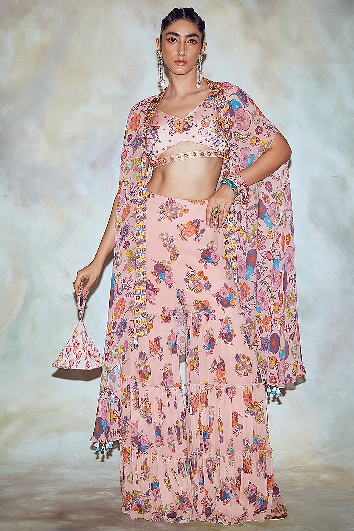 Blush Pink Printed Gharara Pant Set by DiyaRajvvir
