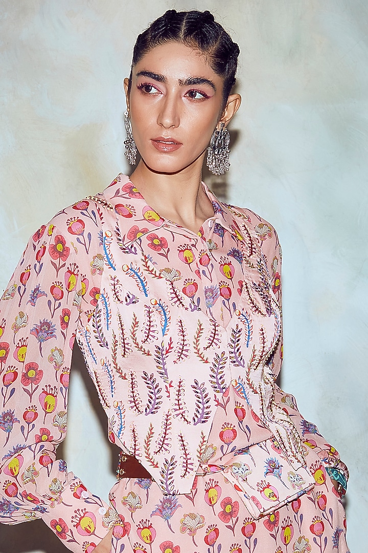 Blush Pink Floral Printed Pant Set by DiyaRajvvir at Pernia's Pop Up Shop