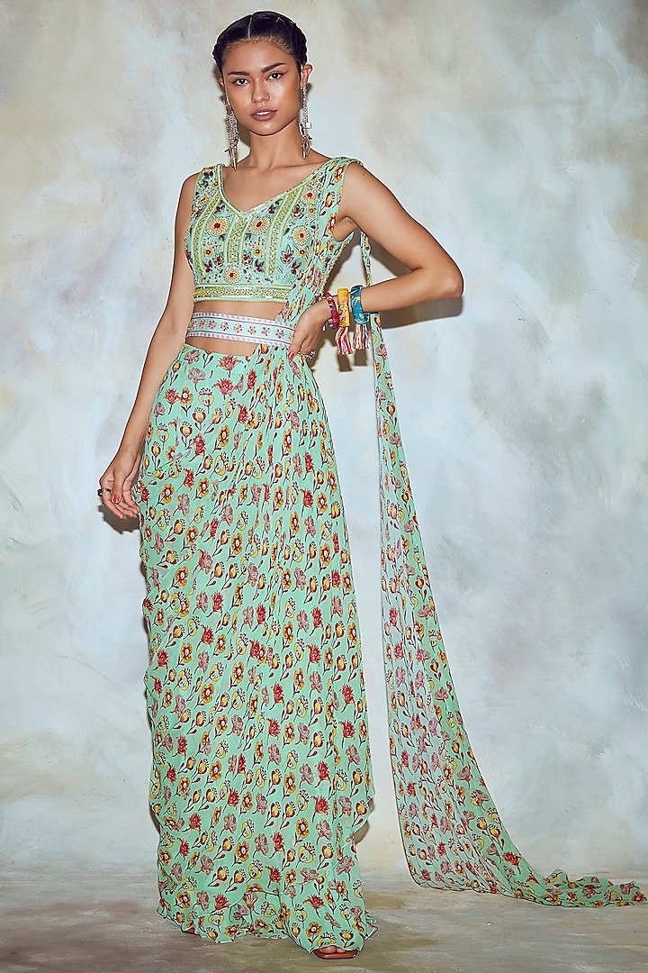 Mint Green Georgette Butta Printed Sharara Saree Set by DiyaRajvvir