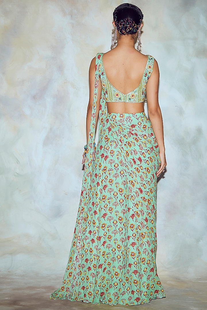 Mint Green Georgette Butta Printed Sharara Wedding Saree Set by DiyaRajvvir at Pernia's Pop Up Shop