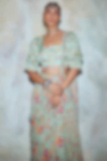 Mint Georgette Printed Tiered Skirt Saree Set by DiyaRajvvir