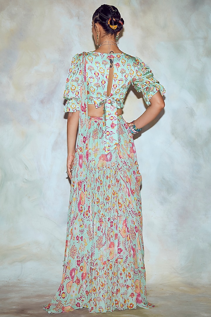 Mint Georgette Printed Tiered Skirt Wedding Saree Set by DiyaRajvvir at Pernia's Pop Up Shop