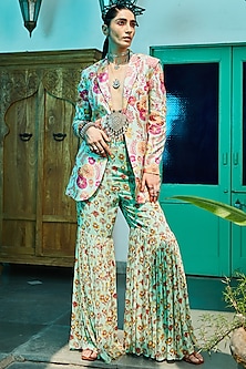 Mint Green Butta Printed Gharara Pant Set by DiyaRajvvir-PANT SUITS & CO-ORD SETS
