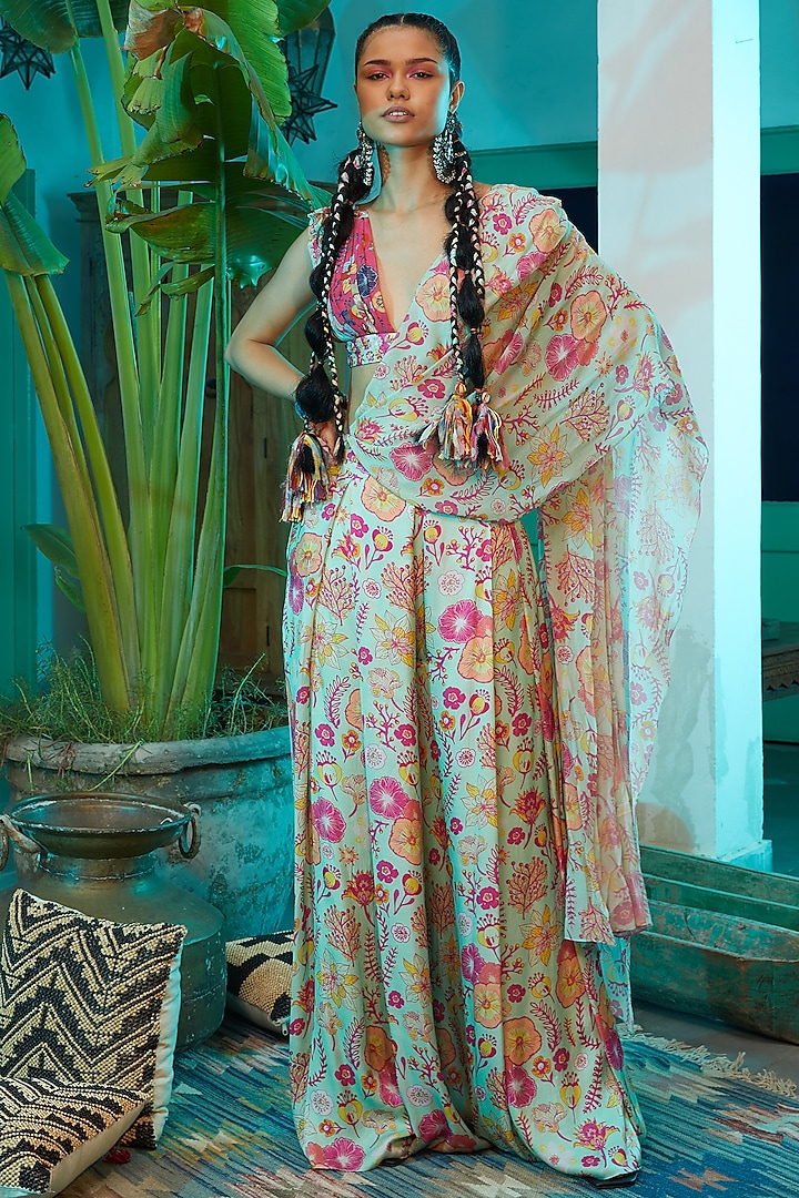 Mint Green & Fuchsia Georgette Jaal Printed Pant Saree Set by DiyaRajvvir