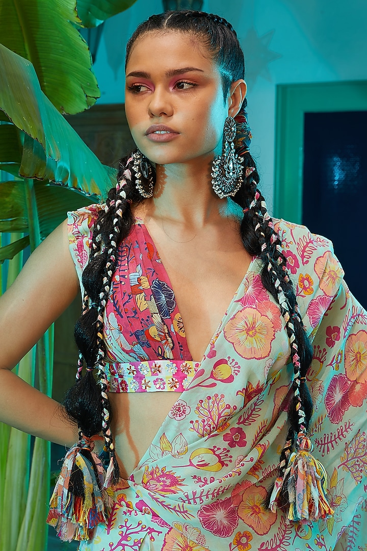 Mint Green & Fuchsia Georgette Jaal Printed Pant Wedding Saree Set by DiyaRajvvir at Pernia's Pop Up Shop